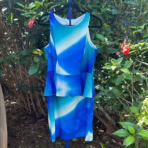Donna Morgan Blue and White Sleeveless Midi Dress